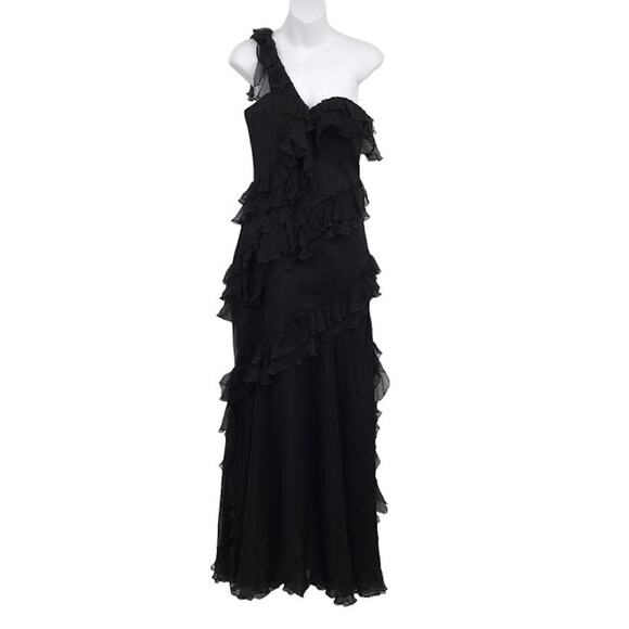 AMUR Harlow Silk Gown Asymmetric One Shoulder Ruffle Crinkle